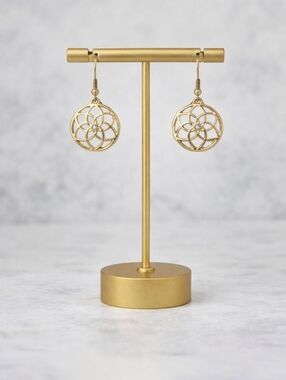 Seed of Life Goldtone Filigree Drop Earrings Rhinestone Center